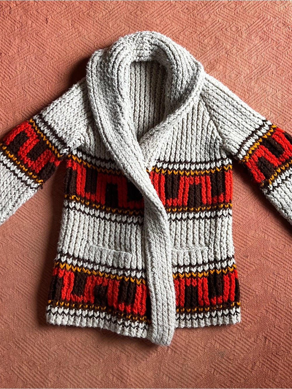 🧡 Vintage Thick Chunky Knit Cardigan Geometric Southwest Cowichan Heavy Sweater